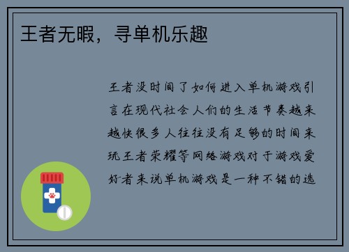 王者无暇，寻单机乐趣